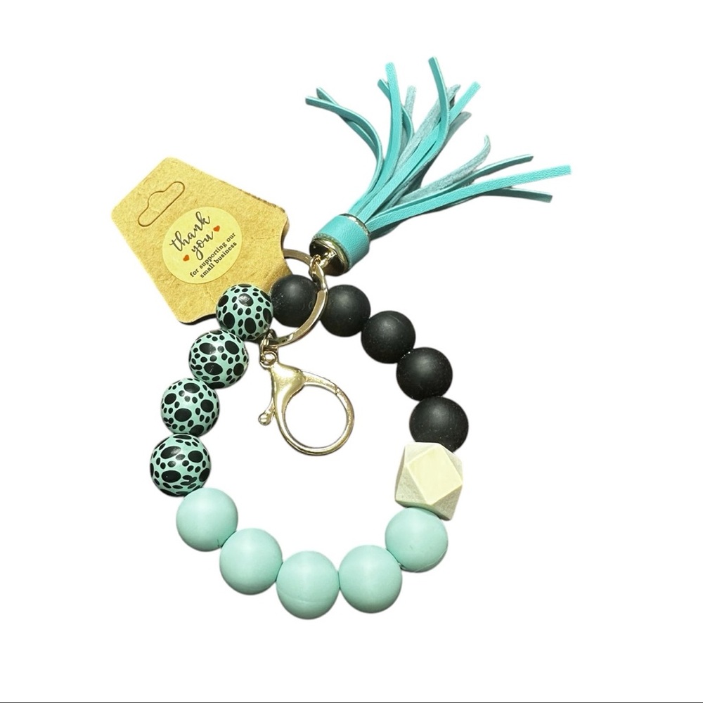 Mint and Black Beaded Keychain Bracelet